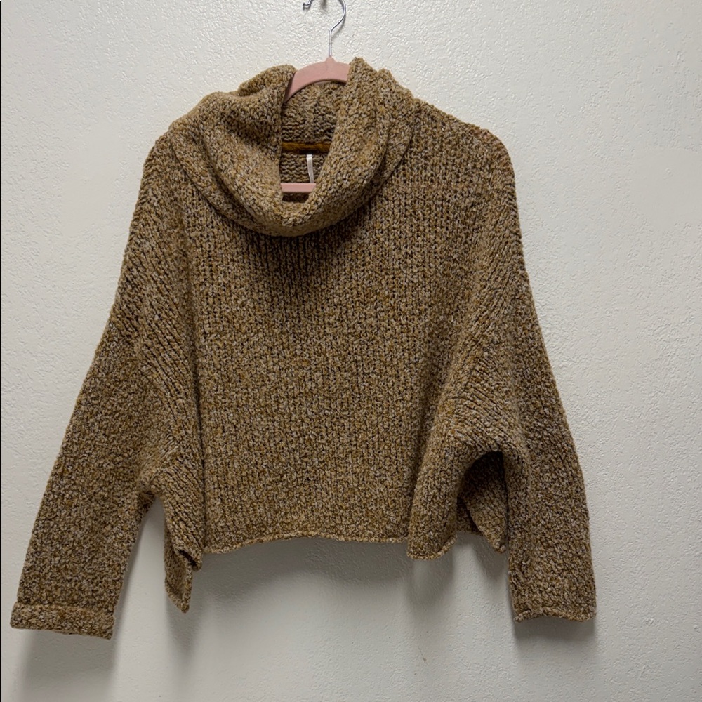 Free People Cropped Cowl Neck Sweater in Heathered Camel
